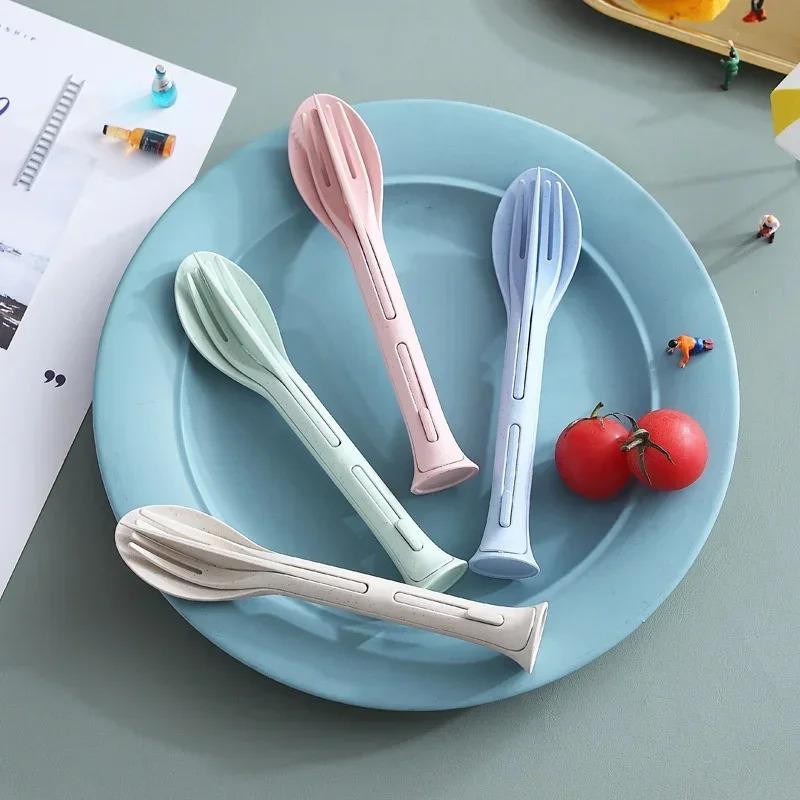3-piece Portable Cutlery Set with Detachable Wheat Straw, Suitable for Travel, Picnics, Camping.