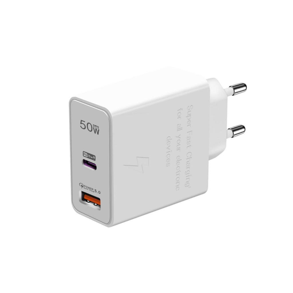 50W Dual-Port Charger, Compatible with Samsung, Huawei, and Apple Phones, PD Fast Charging Adapter for EU/US/UK Standards.