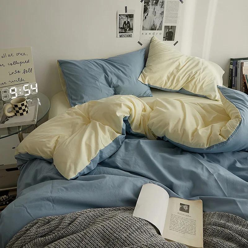 Fashion Solid Color Bed Sheet Style Duvet Cover Set Ab Double-Sided Color Matching Comfortable Sets Washed Cotton Bedding