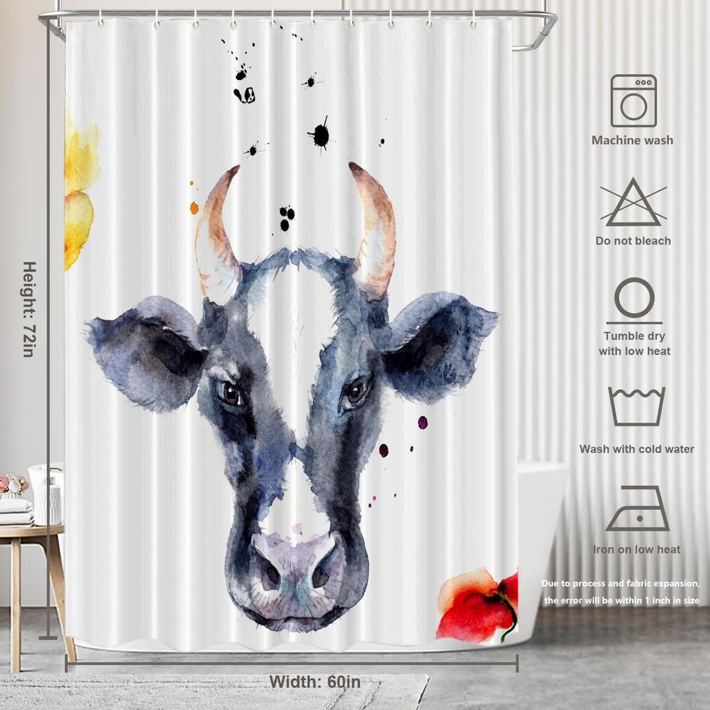 Shower Curtain Watercolor Cow Face Farmhouse Style Bath Decor Waterproof Fabric Boho Rustic Home Accessories Kitchen Living Room