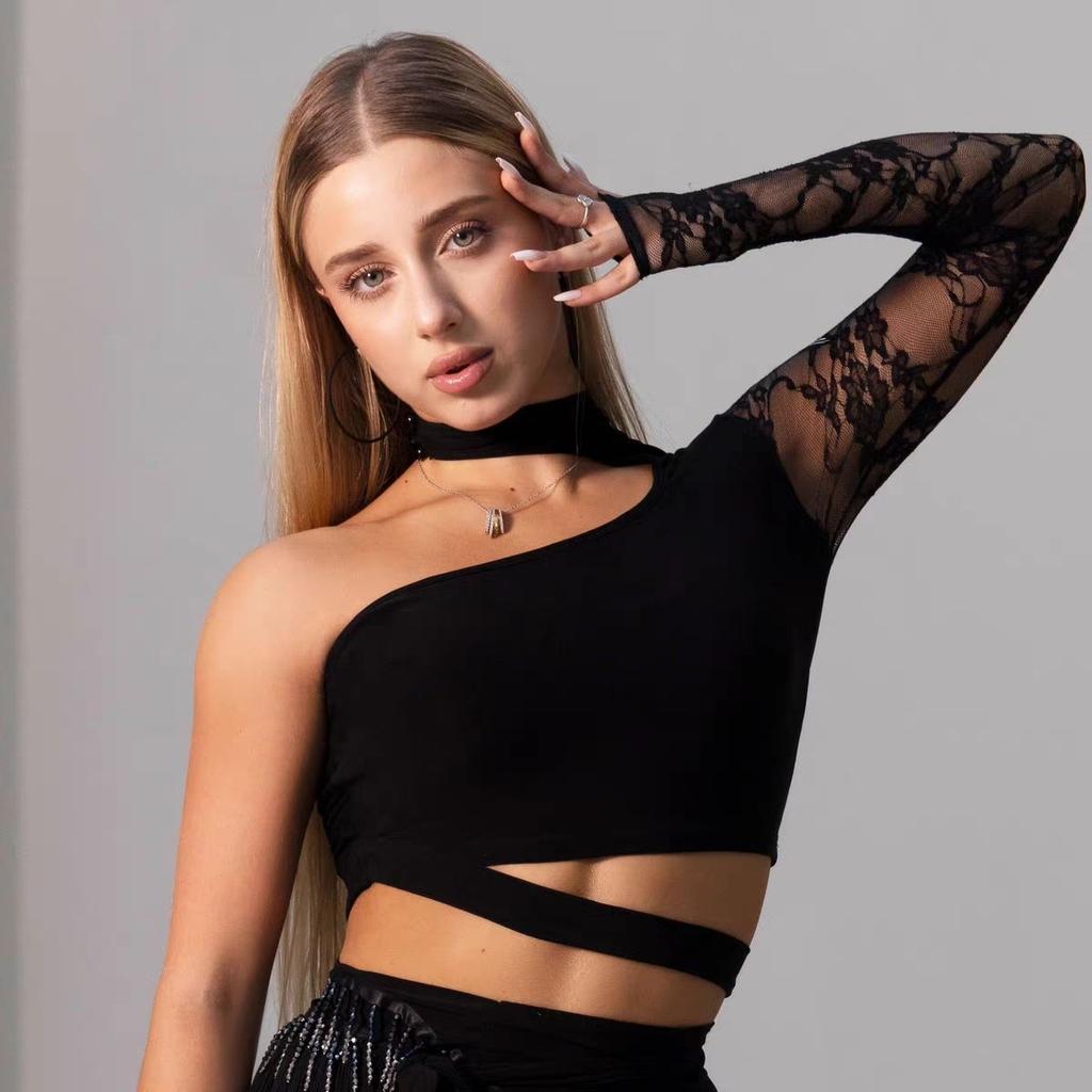 Abito da Danza Latina in Pizzo per Donne Nero Top a Manica Singola Set Gonna con Frange Costume per Allenamento Cha Cha Danza Samba Rumba Performance