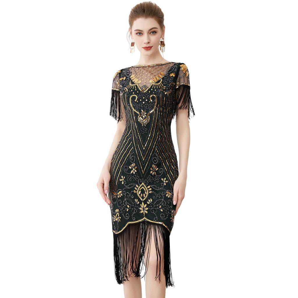 Vintage 1920s Sequin Beaded Ball Gown with Embroidery & Tassels - Plus Size Cocktail Dress
