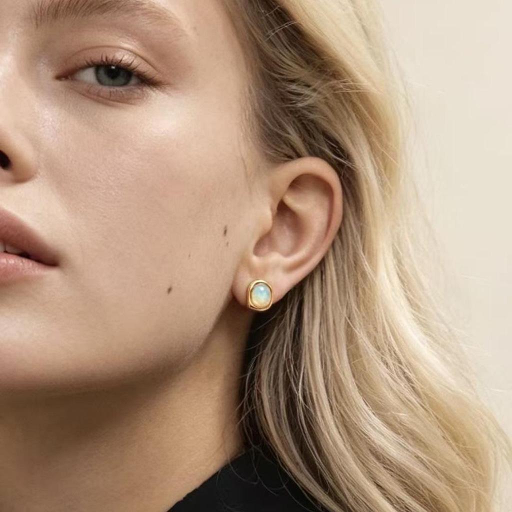 Original Design Synthetic Opal Stud Earrings for Women - 925 Sterling Silver, Gold Plated, Irregular High-End Feel