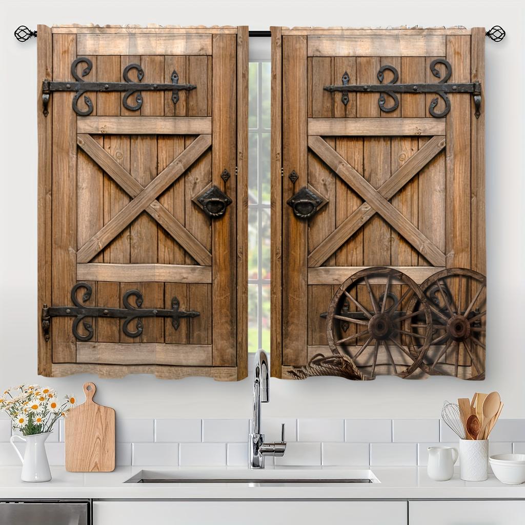 2 Painéis Cortina Rústica Vintage Porta De Madeira Impressa Varão De Cortina Bolso Tratamento De Janela Para Quarto Escritório Cozinha Sala De Estar