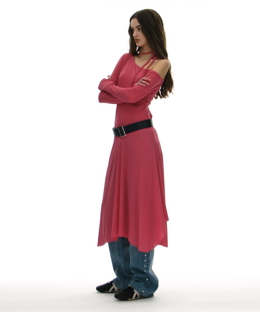 Partimento Woman Jacquard Tie-Neck Midi Dress_Pink