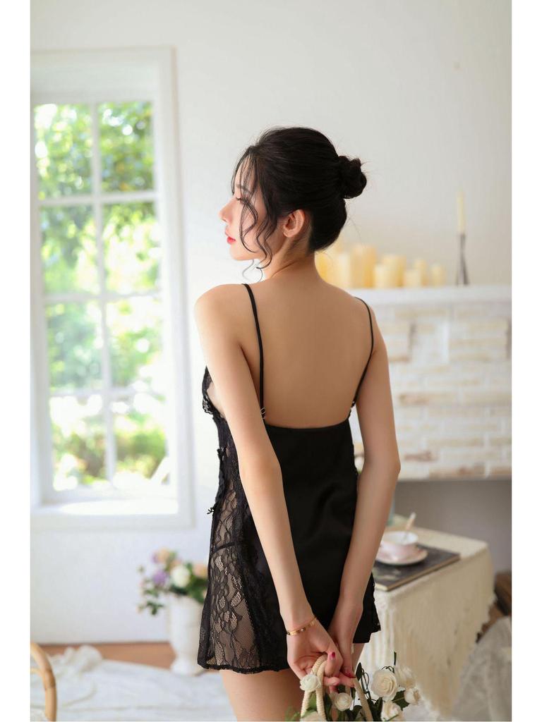 Sexy Temptation Lace Ice Silk Nightdress - Erotic Backless Lingerie for Women