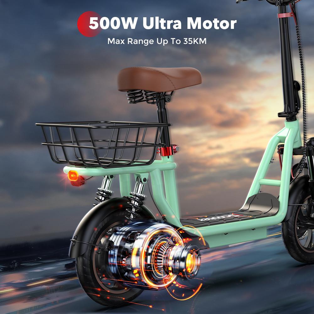 iScooter I12 12-inch Electric Scooter - 35km Range, 500W Motor, Dual Suspension System, Foldable + Seat, Convenient for commuting,Green