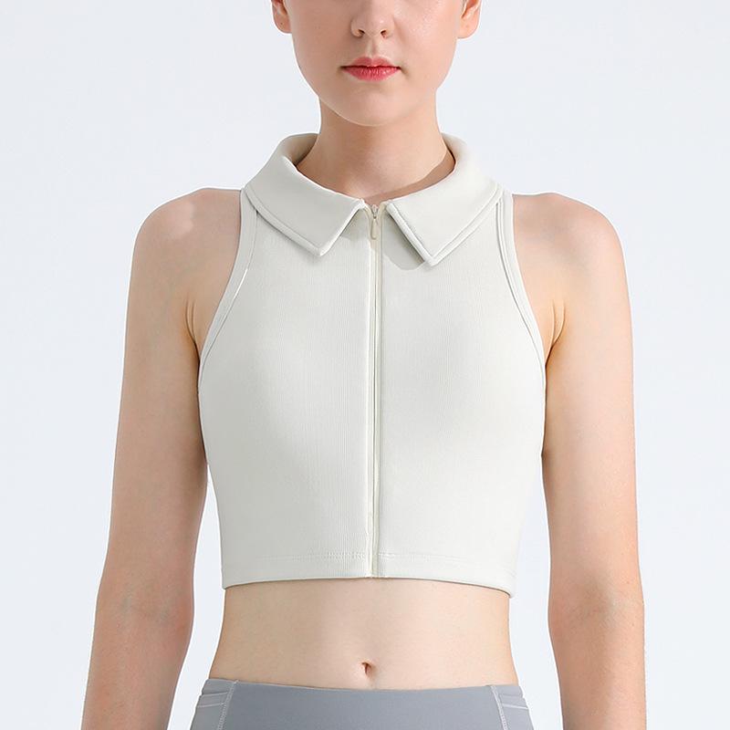 

Женский ударопрочный бюстгальтер для йоги на молнии спереди - Дышащий спортивный жилет с отложным воротником L грязно-белый