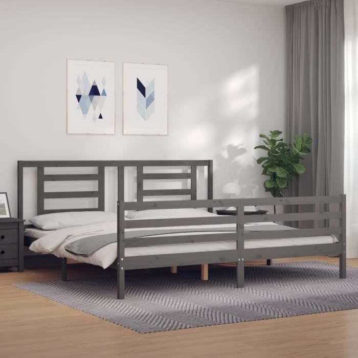 VidaXL Cadre de lit avec tête de lit gris 200x200 cm bois massif 3194723