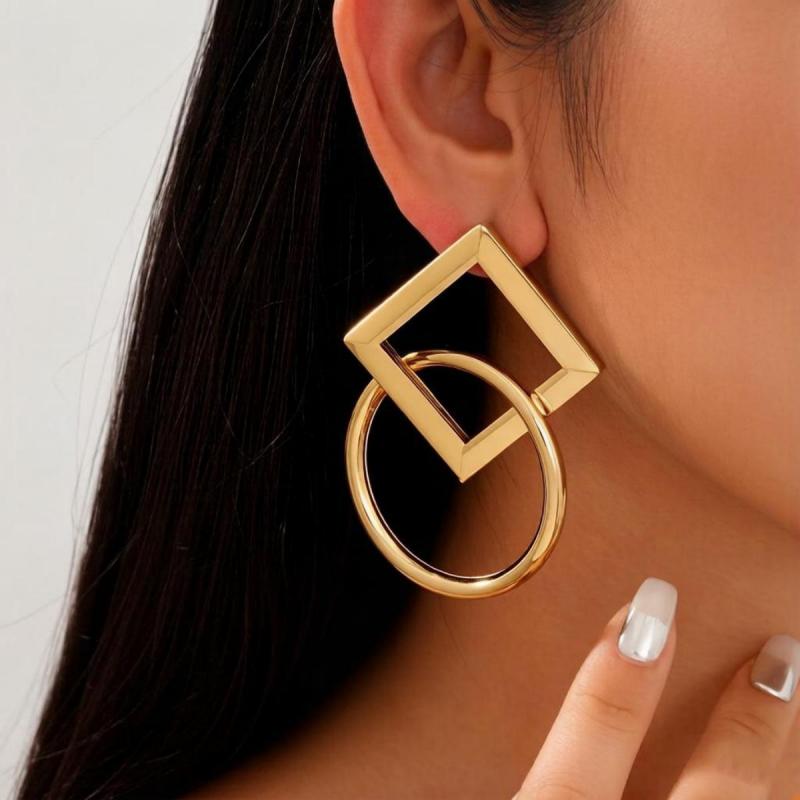 Metallic Geometric Exaggerated Drop Earrings Women Square Round Woven Hollow Dangle Earrings Fashion Casual Party Zircon Gifts