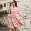 Autumn Winter Women Long Sleeve Print Elegant V-neck Casual A-Line Knee-Length High Waist Dress