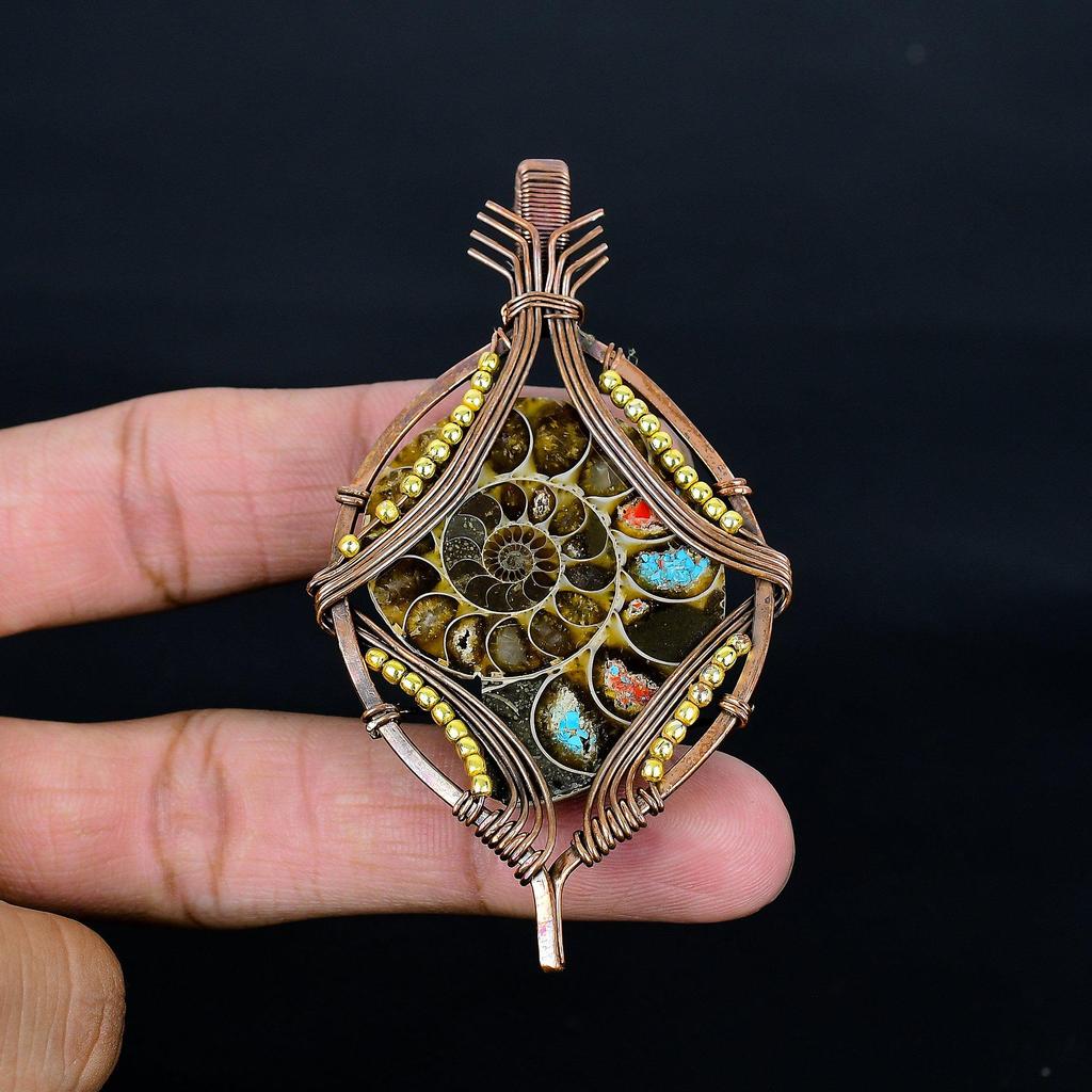Ammonite Fossil 999 Copper Wire Wrapped Pendant, Handmade Gemstone Jewelry Pendant For Memorial Day