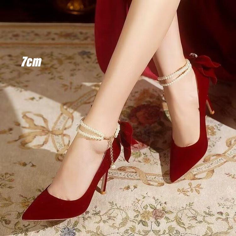 

Красные свадебные туфли с острым носком, на тонком каблуке, весна-осень, с бантами, с жемчужными ремешками, свадебные 38EU/CN39