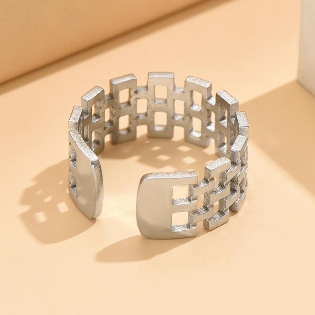 French Retro Double Row Open Square Chain Stainless Steel Ring - Women's Versatile Dress Accessory