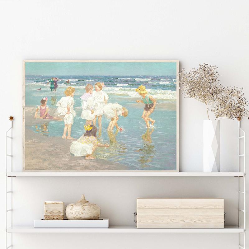 Vintage Beach Play Scene Childrenes Summer Posters Canvas Printing Coastal Wall Art Picture for Living Room Home Decor Gifts