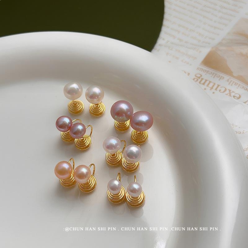 Real steamed bread bead ear clips, no ear piercings, high-end simple temperament, natural freshwater pearls, painless mosquito coil disc earrings