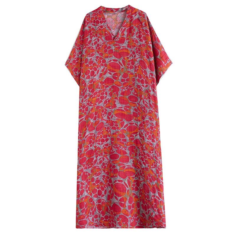 Real shot summer thin cotton and linen v-neck large size loose literary beach dress retro long robe