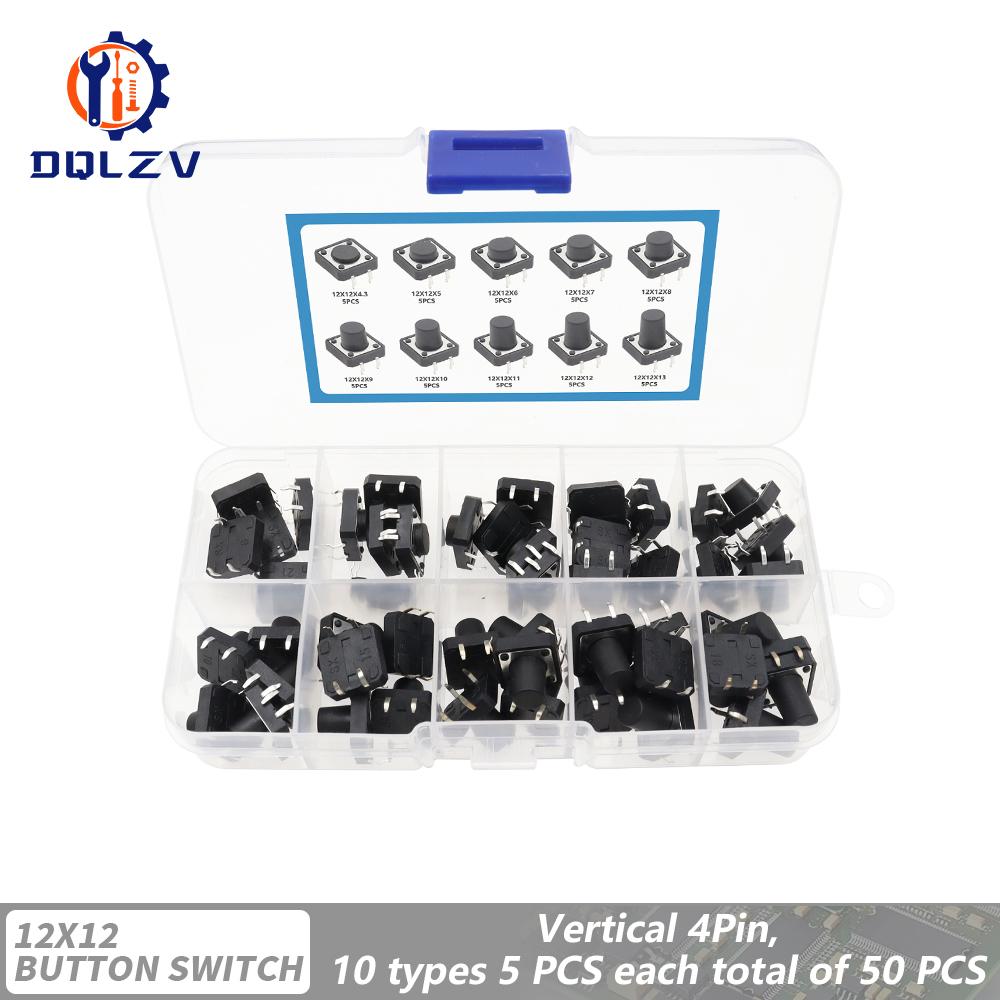 

50PCS 12X12X4.3MM DIP Tact Switch Tactile Push Button Switch Kit Height: 4.3 5 6 7 8~13MM SMD 4P Micro Switch 12*12*5 Key Switch