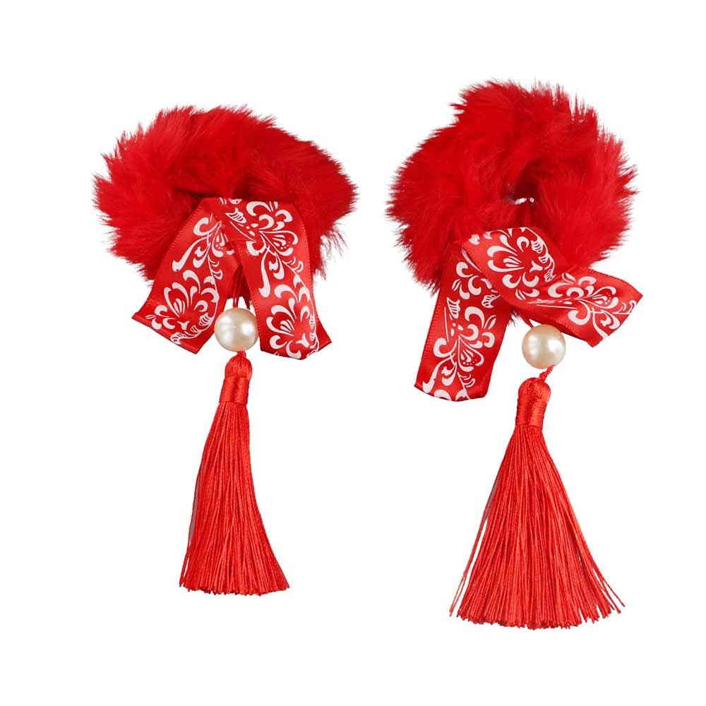 Bowknot Tassel Girls Children's Headwear Plush Hair Rope Duckbill Clip New Year Hair Accessories