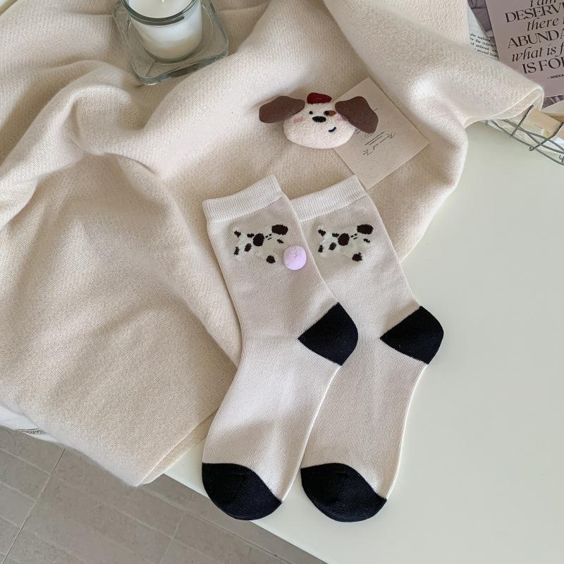 1pair Cute Women Socks Puppy Socks For Women Animal Pattern Cotton Socks With Fur Ball Funny Mid-tube Socks Calcetines Mujer
