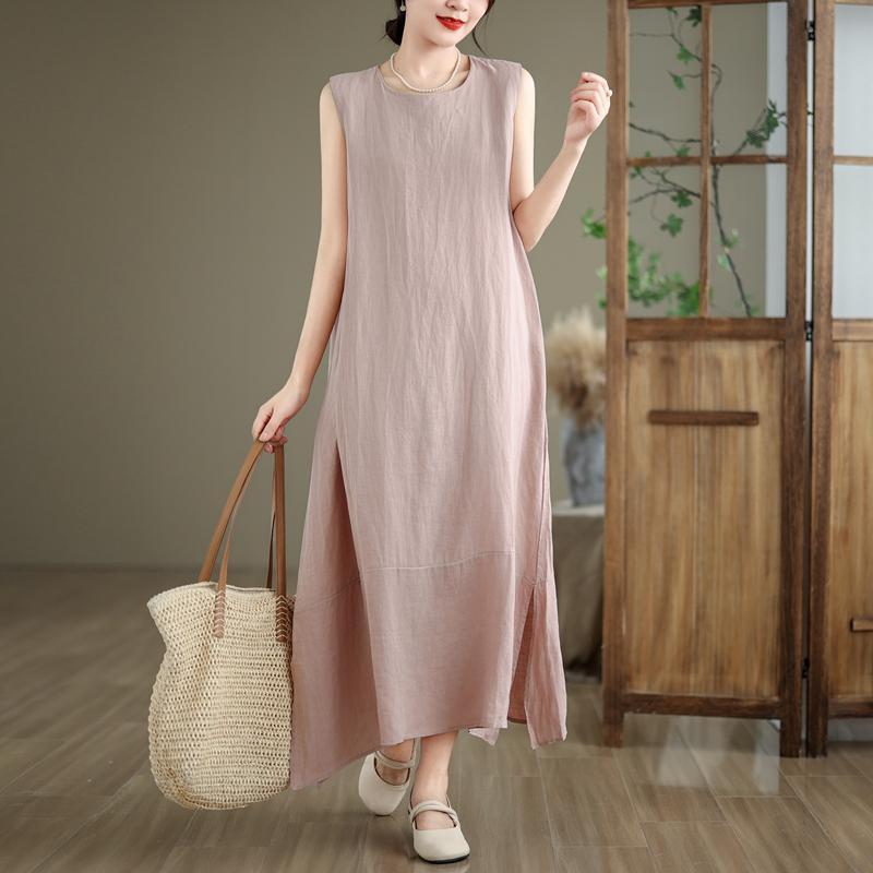 DIMANAF 2025 Women Summer Dress Solid Casual Ladies Basic Long Dress Linen