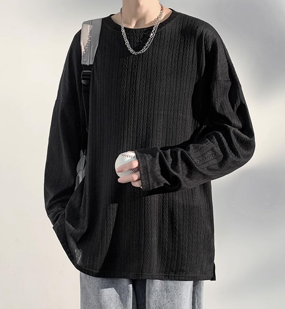 Poperdision Long Sleeve Loose Fit Solid Round Men's T-Shirt, Autumn/Winter Collection, Color, Simple, Stylish, Popular, Casual, Collar, Soft,