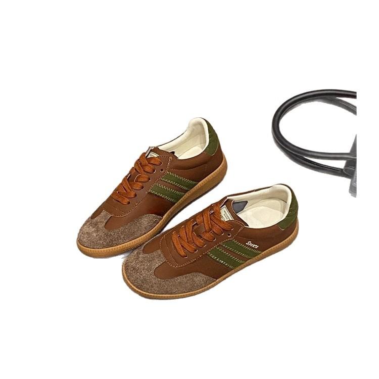 Vintage Maillard brown lace-up versatile platform German training shoes women's round head contrasting color casual sports shoes low-top board shoes