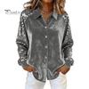 Soft Breathable Shirt Women Button-Down Lapel Long Sleeve Tops Solid Color Glitter Loose Fit Shiny Sequins Velvet Cocktail Party Wear Sweat-absorbent
