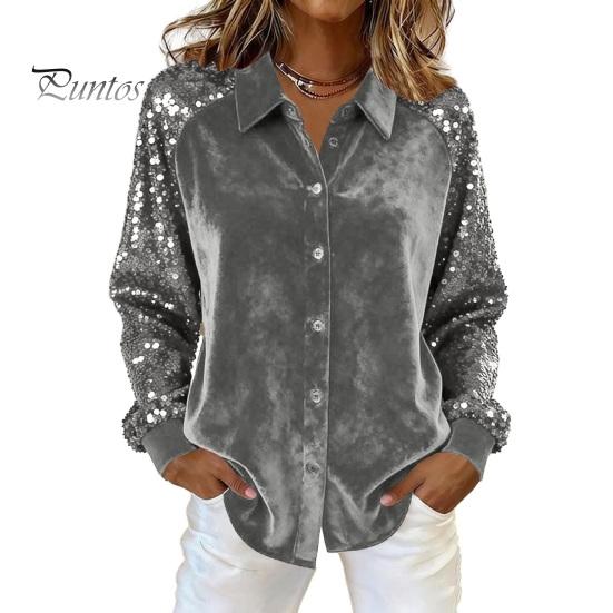 Soft Breathable Shirt Women Button-Down Lapel Long Sleeve Tops Solid Color Glitter Loose Fit Shiny Sequins Velvet Cocktail Party Wear Sweat-absorbent