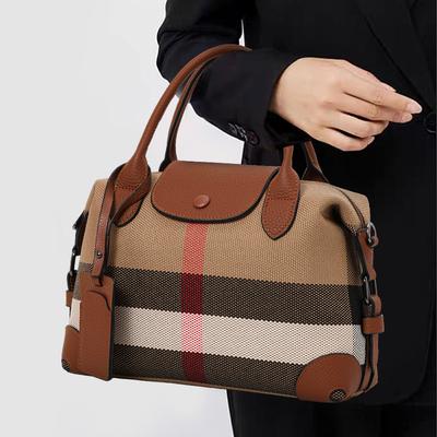 New Autumn and Winter Canvas with Top Layer Cowhide Leather Versatile One-shoulder Crossbody Bag Simple and Fashionable Plaid Bag