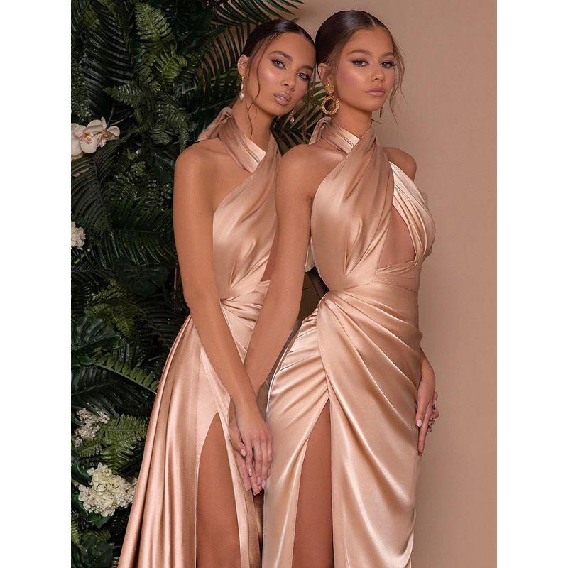 

Transition Sexy Fancy Champagne Cross Collar Party Dress Graceful Satin Halterneck Backless Waist Trimming Age-Reducing Dress Black M