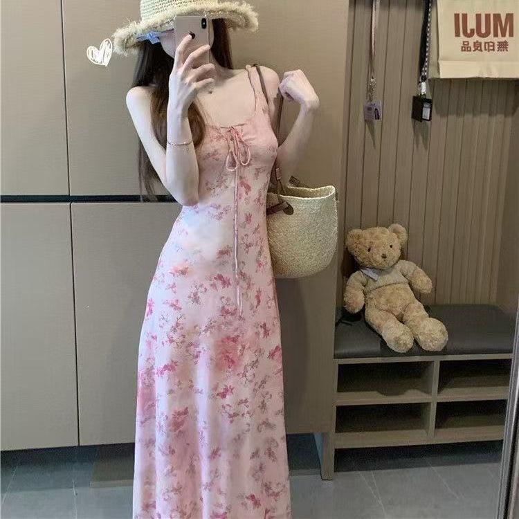 Holiday style smudged floral suspender dress women's summer French age reduction waist hip skirt long dress women's tide