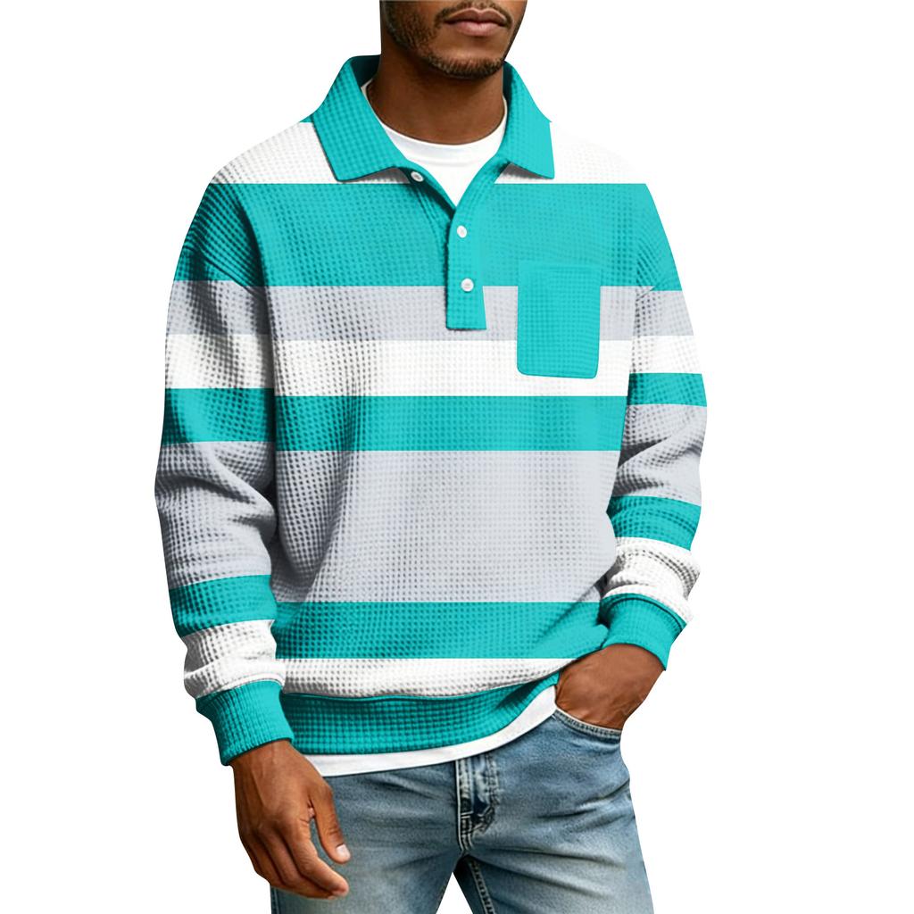 Men's Striped Single Breasted Long Sleeved Shirt With Collar And Pockets  Casual Sports T,shirt