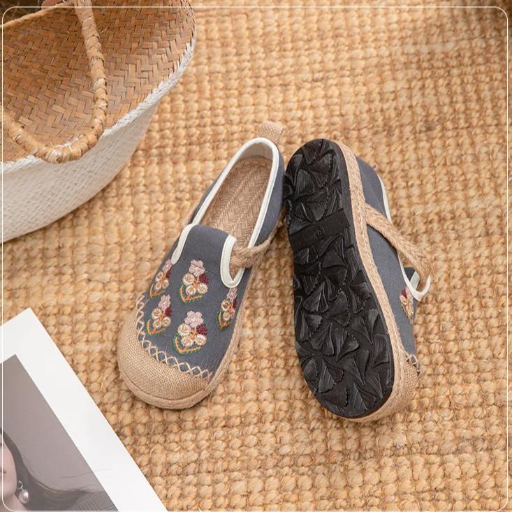 Johnature Pantofi din Pânză Brodați în Stil Etnic, Handmade, din Bumbac și In, cu Talpă Moale, Respirabili, Pantofi Plați de Damă