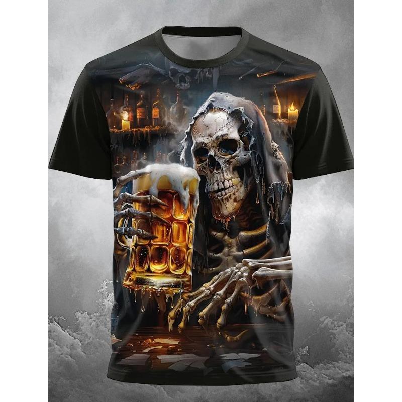 

European and American Men s Summer Personalized Skull Print Halloween Breathable Round Neck T-shirt Outdoor Party To 6XL
