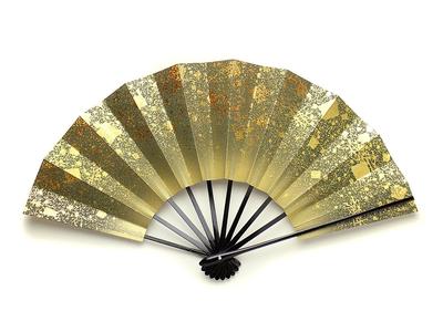 Fächer im Kyoto-Stil, Tanzfächer, Fantasy-Design, hergestellt in Japan, goldene Oberfläche, 9,5 Zoll, schwarz lackierter Rahmen, beidseitig, zum Tanzen, japanischer Tanz,
