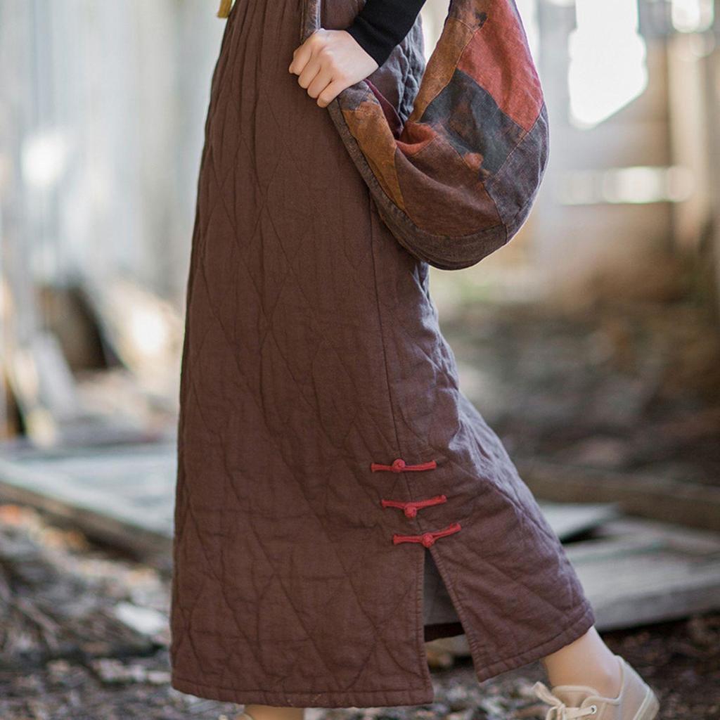 Women's Ethnic Style Quilted Long Skirt - Winter Warmth, Solid Color, Chinese Knot Design.