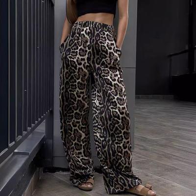 Pantalon long élastique taille haute pour femme, pantalon large avec poches, imprimé léopard, style décontracté