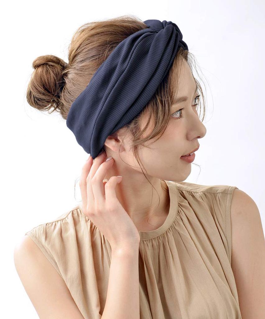 VINGTAINE Voluminous Wide Rib Turban Wide Hair Navy Hairband, Casual, Mature, Oversized, Accessory, HB-98-NY-