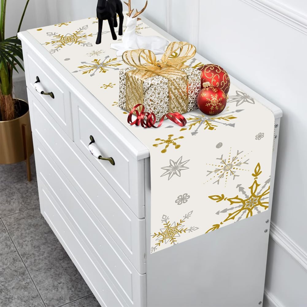Labeol Snowflake Table Runner, 72x13 Inch White and Gold Christmas Table Runner for Christmas Party Kitchen Dinner Decor (Gold)