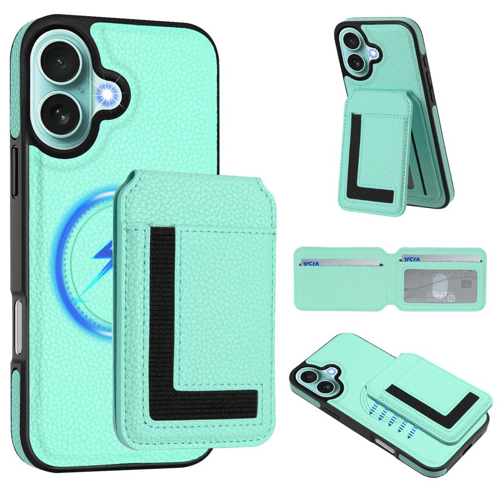 Applicable to iPhone16 mobile phone case, Samsung S25 lychee pattern wireless charging magnetic card bag bracket multi-function anti-drop