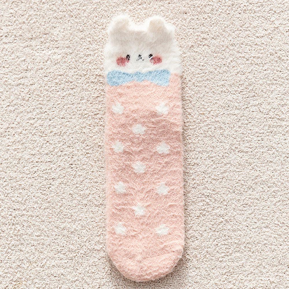 Autumn Winter Cute Rabbits Coral Fleece Socks For Women Soft Thermal Middle Tube Socks Couple Home Floor Sleeping Crew Socks