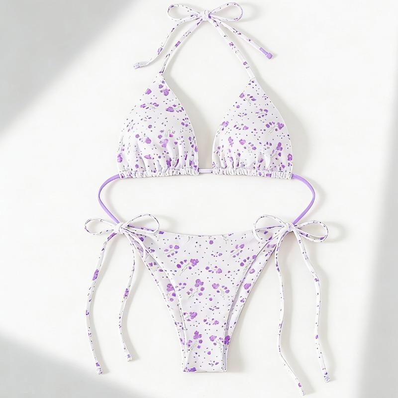 Women's Sexy Slim Fit Bikini Set, Tropical Print Halter Lace-up Triangle Swimsuit