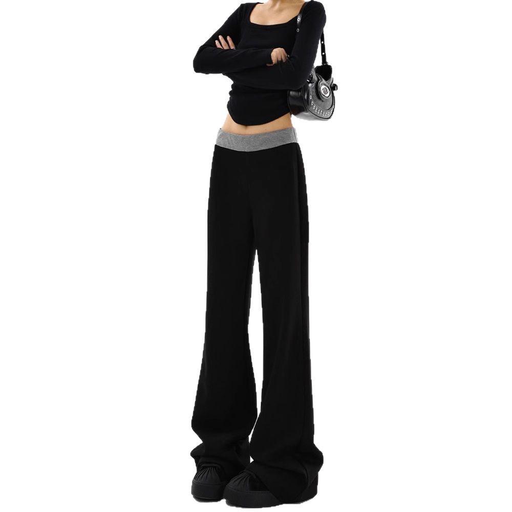 Women's Plus Size Fleece-Lined Black Patchwork Casual Wide-Leg Sweatpants for Autumn/Winter