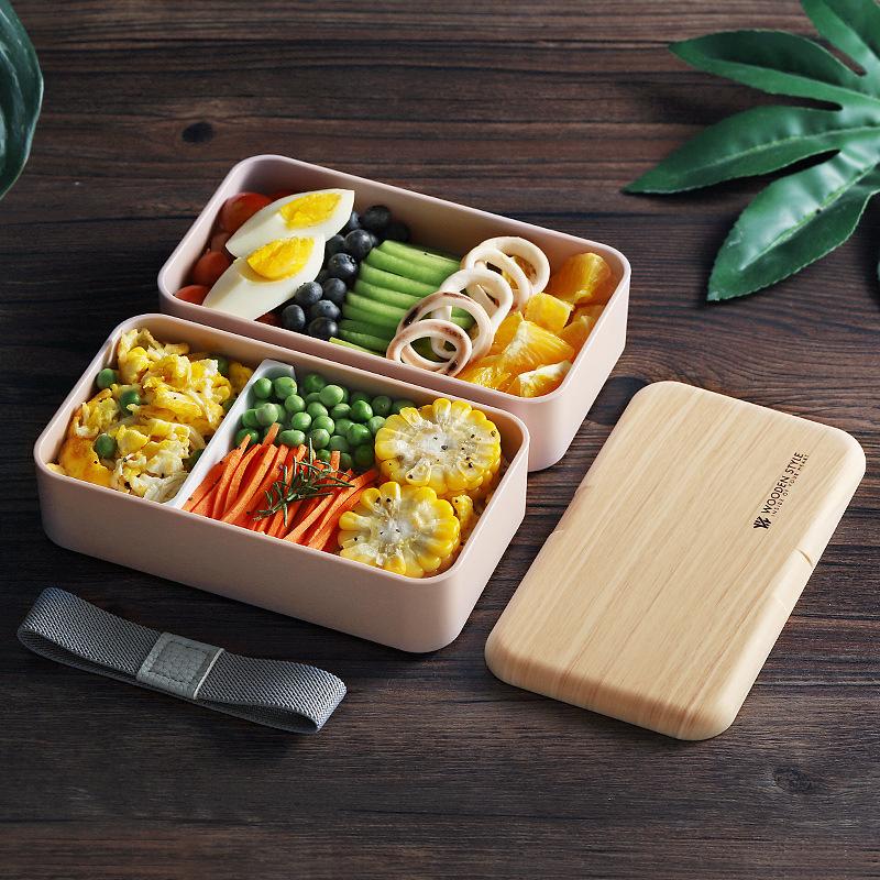 Doppelschichtige Lunchbox für die Mikrowelle, Bento-Box im Holzstil, tragbare Behälterbox, BPA-frei, Bento-Lunchbox, Lunchbox, Bento-Lebensmittelbox