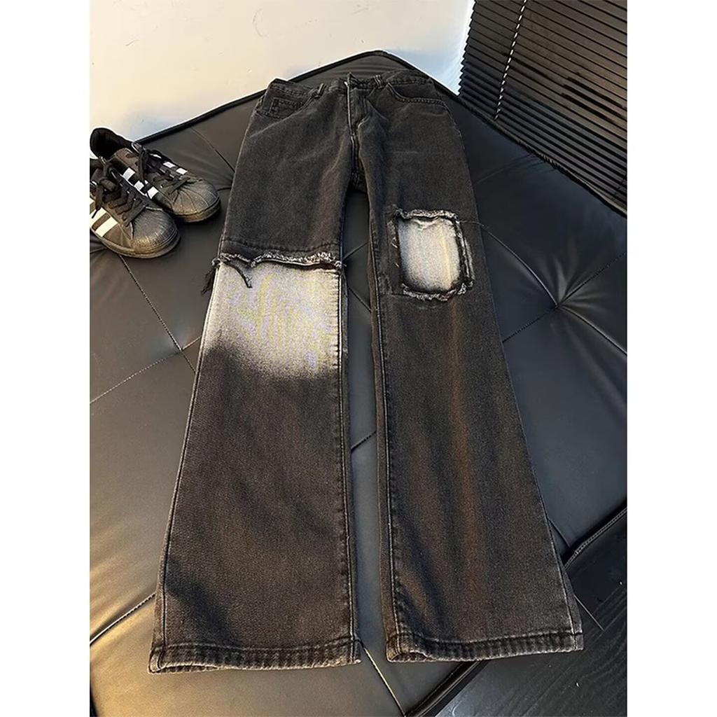 Spring and autumn American ruffian handsome retro old ripped patch black jeans men straight loose cone pants men
