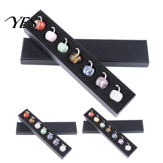Artistic Desktop Decoration Set 7Pcs Hand Carved Natural Stone Apple Pumpkin Figurine Set, Mini Gemstone Ornaments Soft Color Crafts with Gift