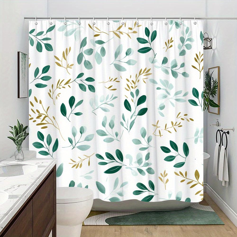 1 Watercolor Leaf Shower Curtain - Teal, Mint and Gold on White, Fan Hook, Polyester Machine Washable