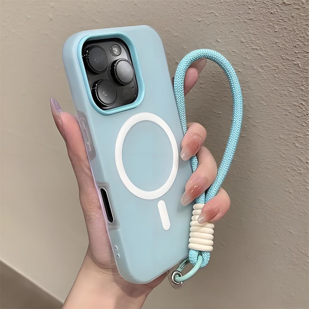 Couleur bonbon 2 en 1 Dragonne pour poignet et main Étui magnétique pour iPhone 17 16 15 14 Plus 13 12 Pro Max 11 pour Coque Magsafe Avec dragonne