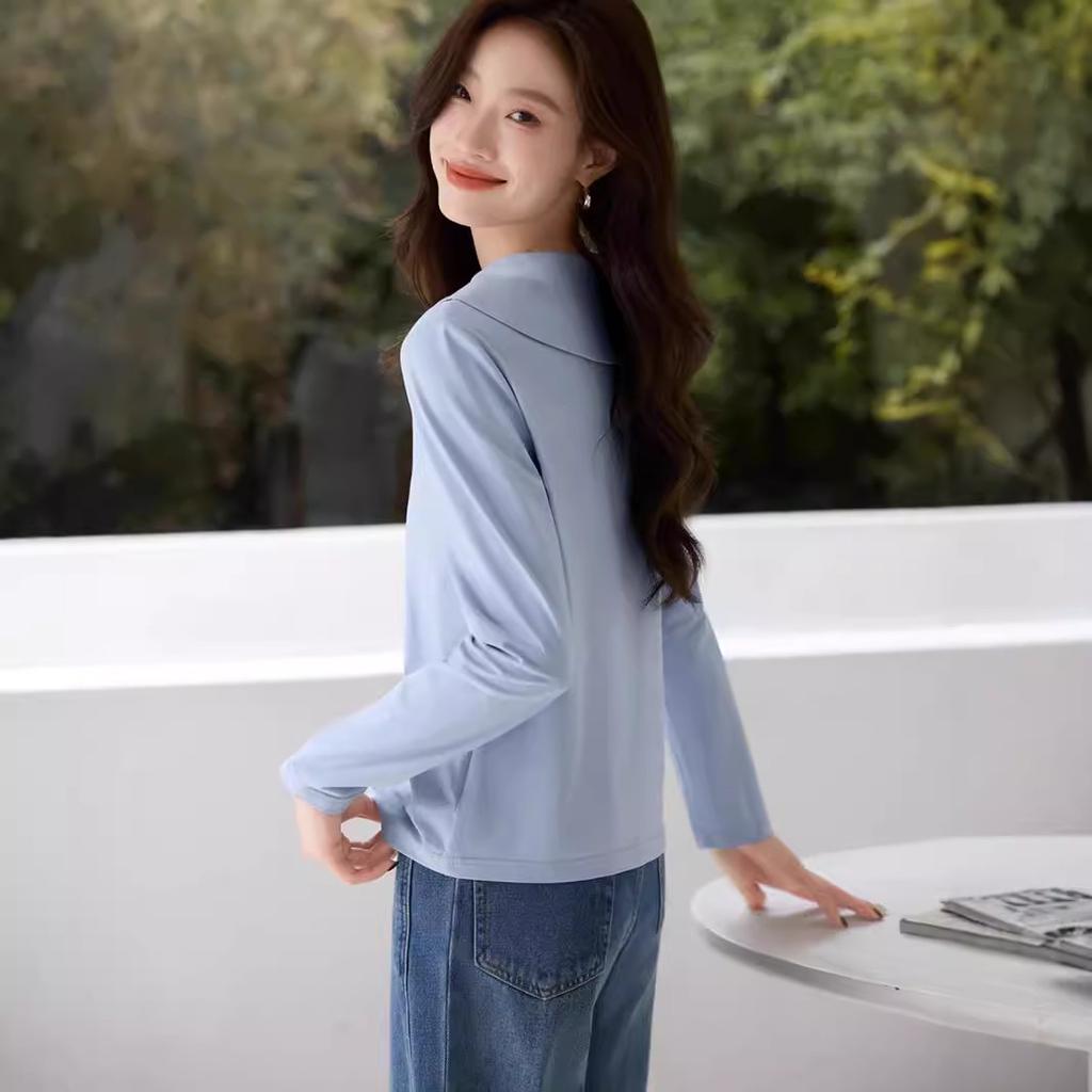 Maglietta a maniche lunghe con scollo a V blu navy Autunno Nuova Casual Basic Versatile Maglietta da donna